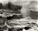 rocks, waves, clouds, trees