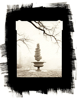 Urn and Robin in fog, Cylburn Arboretum