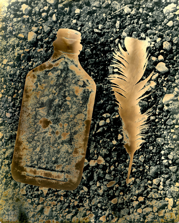Bottle and Feather - Gravel Background