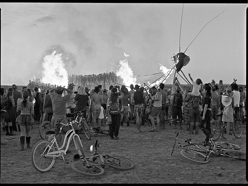 Burning Kaggan, the Mantis trickster God of the San people. Afrika Burn 2014