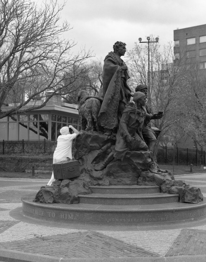 Continuing the theme of bronze sculptures, but with a live human included