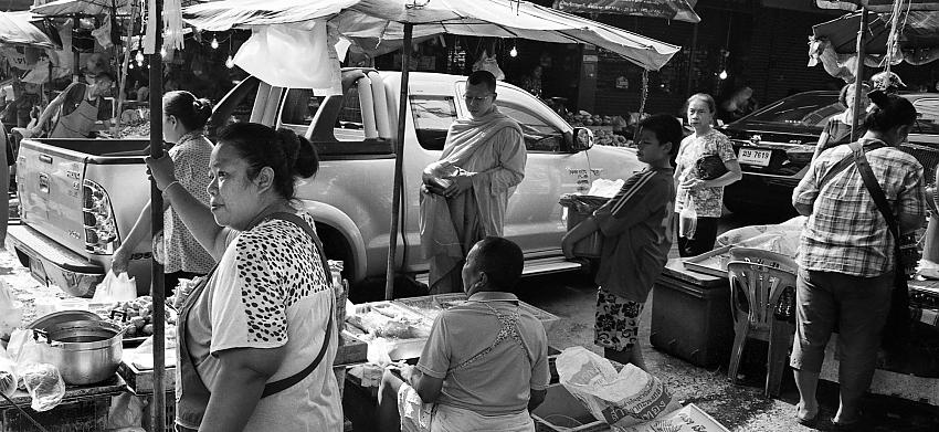 Monk In The Morning Market; Bangkok Thailand
