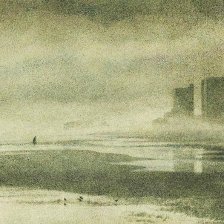 Rising Fog At Ocean Drive Beach. Bromoil Transfer On Watercolor Paper.