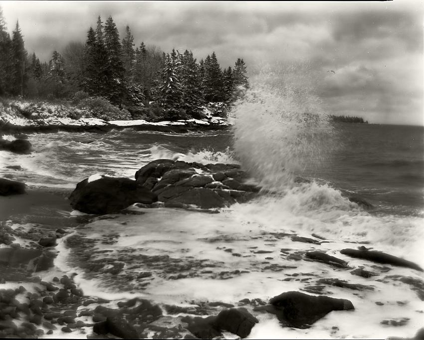 rocks, waves, clouds, trees