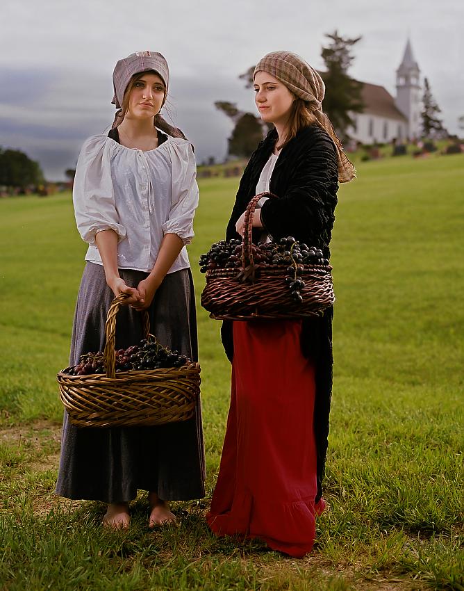 Two Young Women Picking Grapes