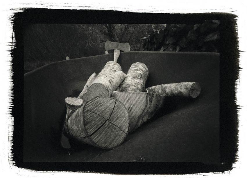 Wheelbarrow w/wood at Shotpouch Creek